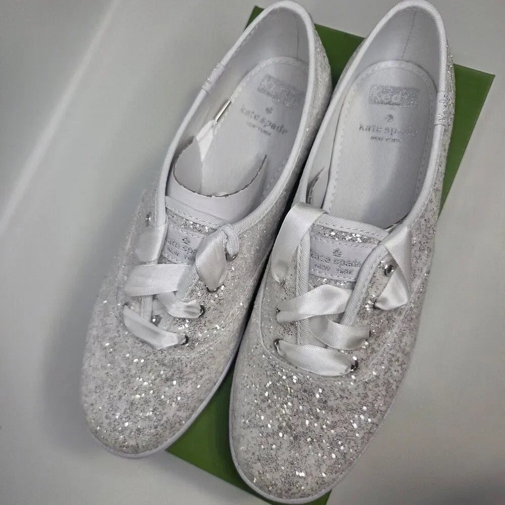 Kate Spade x Keds Sneakers White Glitter Low Lace Champion Women's 8.5 NEW